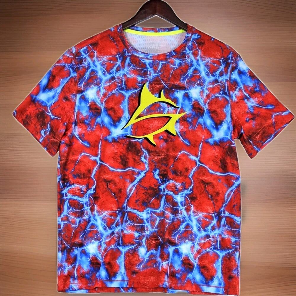 Loco Skailz Men's Medium Short Sleeve Stretch Quick Dry Fishing Shirt Red Blue